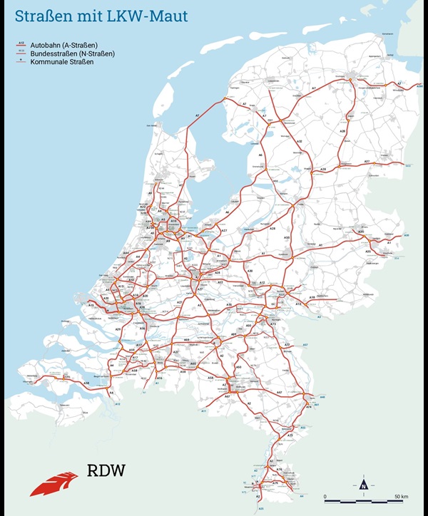 Bild der Karte der Niederlande, die die Straßen zeigt, auf denen Lkw-Maut gilt.
