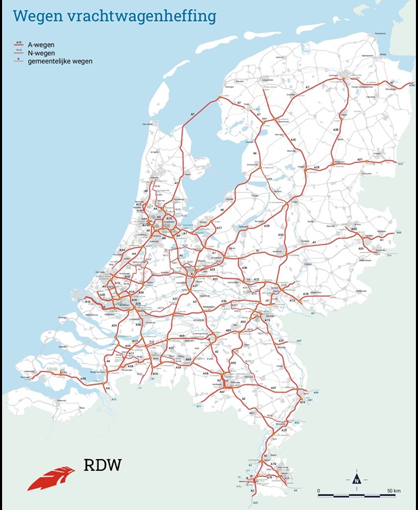 Afbeelding van de Nederlandse kaart met de wegen waar vrachtwagenheffing geldt.