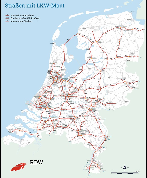 Bild der Karte der Niederlande, die die Straßen zeigt, auf denen Lkw-Maut gilt.
